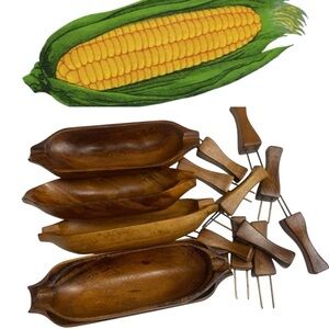 Vintage MCM Corn Holders and Boats Monkey Pod Set of 5 Wood